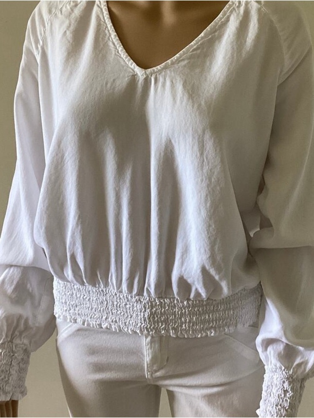 Anthropologie White V-Neck Smocked-Hem Tunic